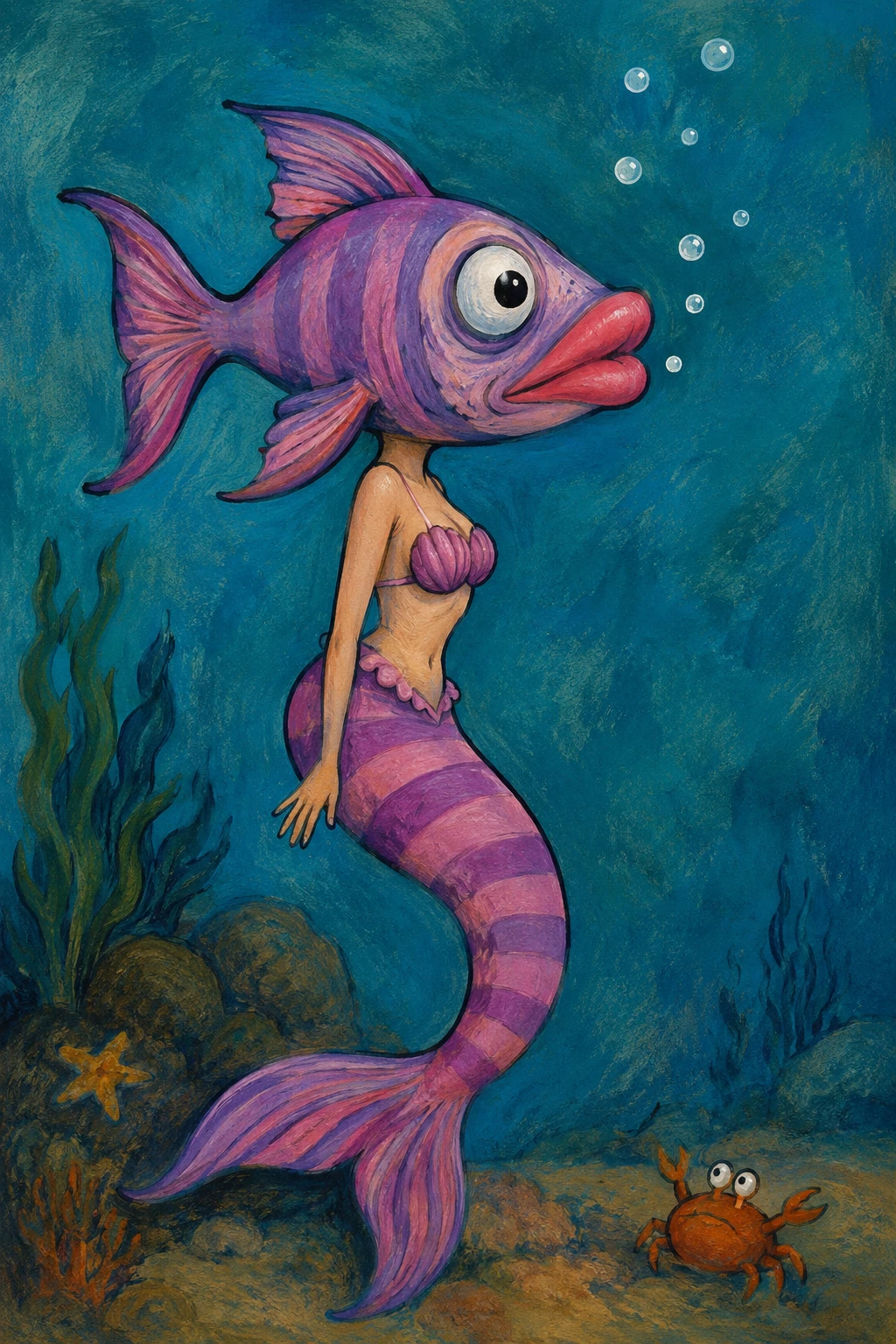 Sirène cartoon surréaliste à tête de poisson dans un monde sous-marin éclatant