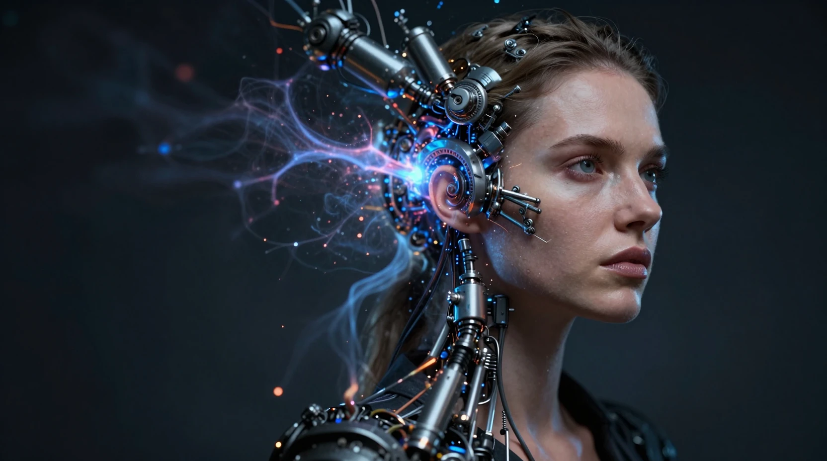 Futuristic woman fused with abstract mechanical machinery