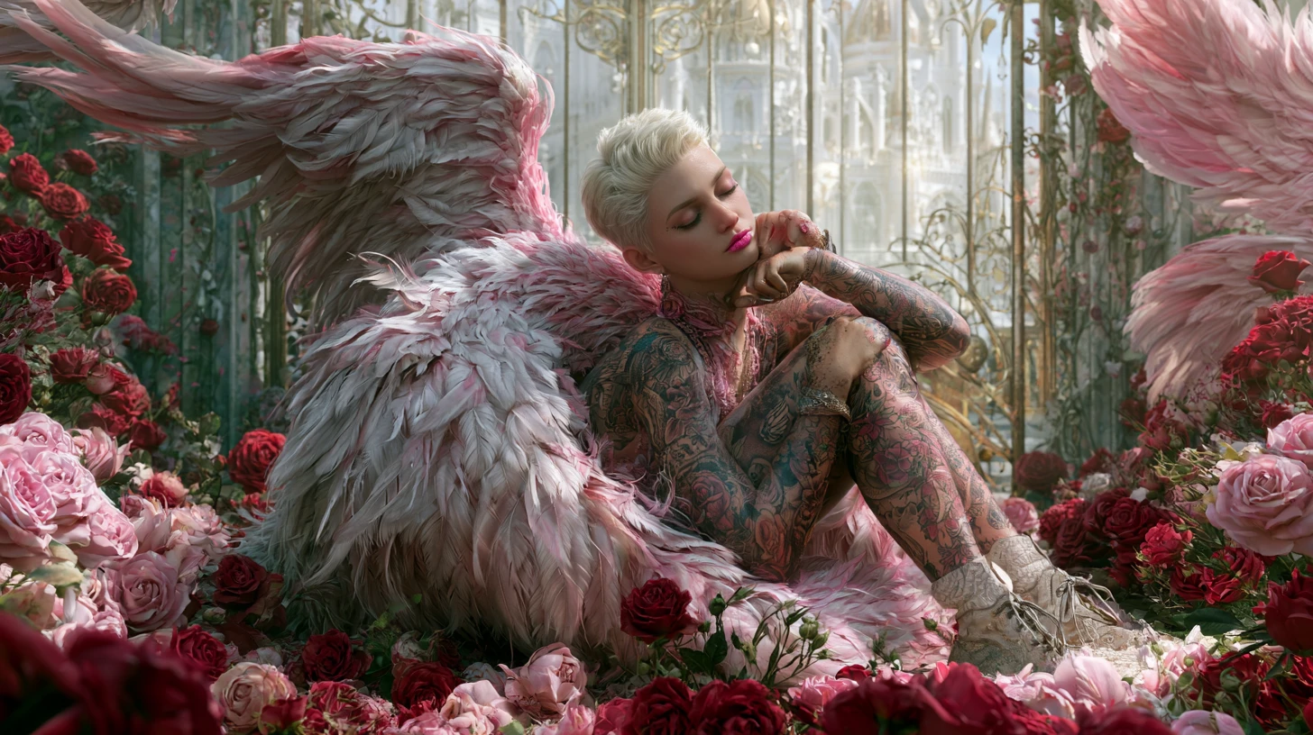 Tattooed angelic woman resting in a rose filled garden