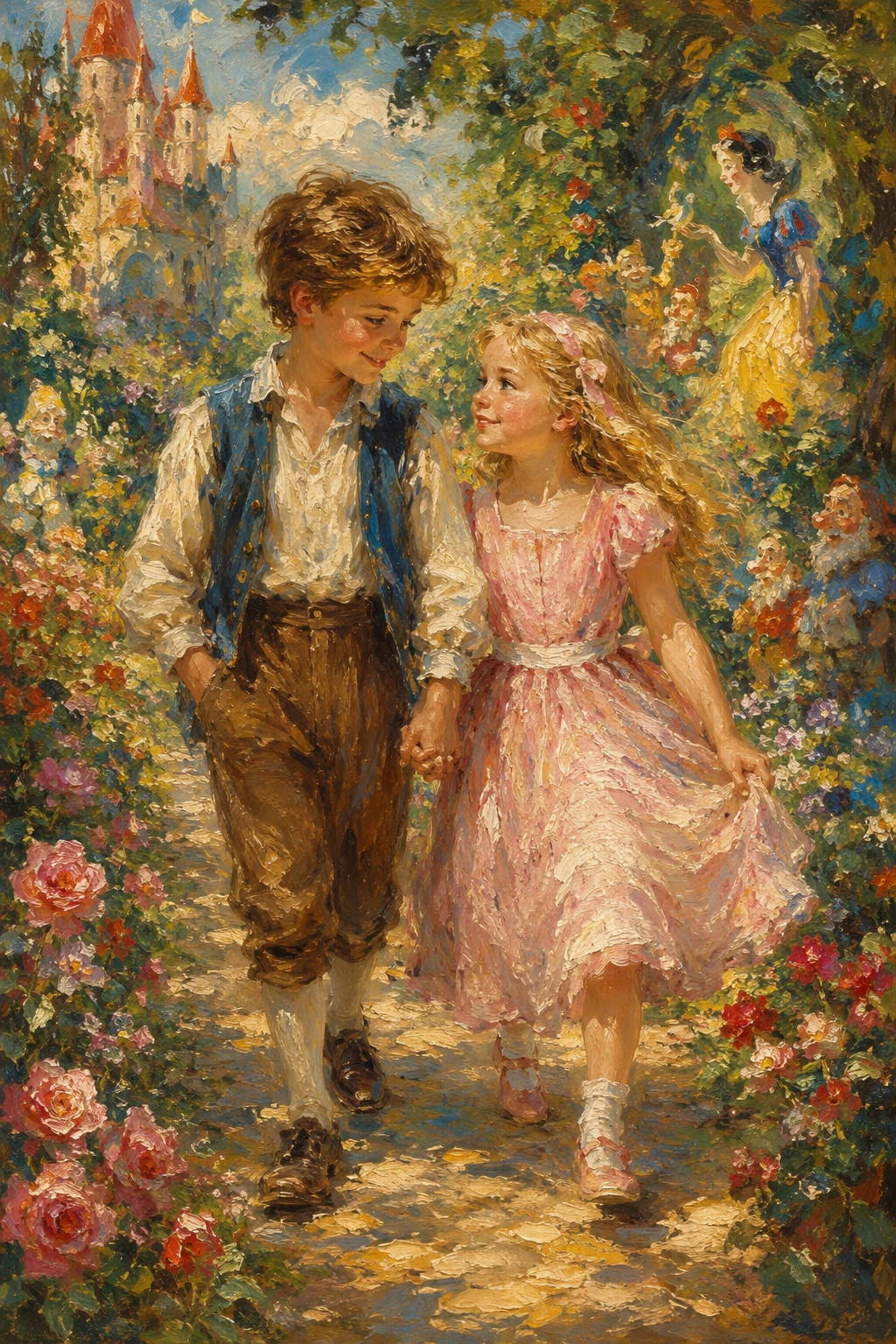 Young boy and girl walking in a fairytale garden