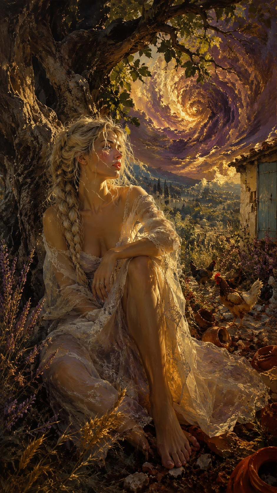 Young woman in chiaroscuro under an ancient fig tree