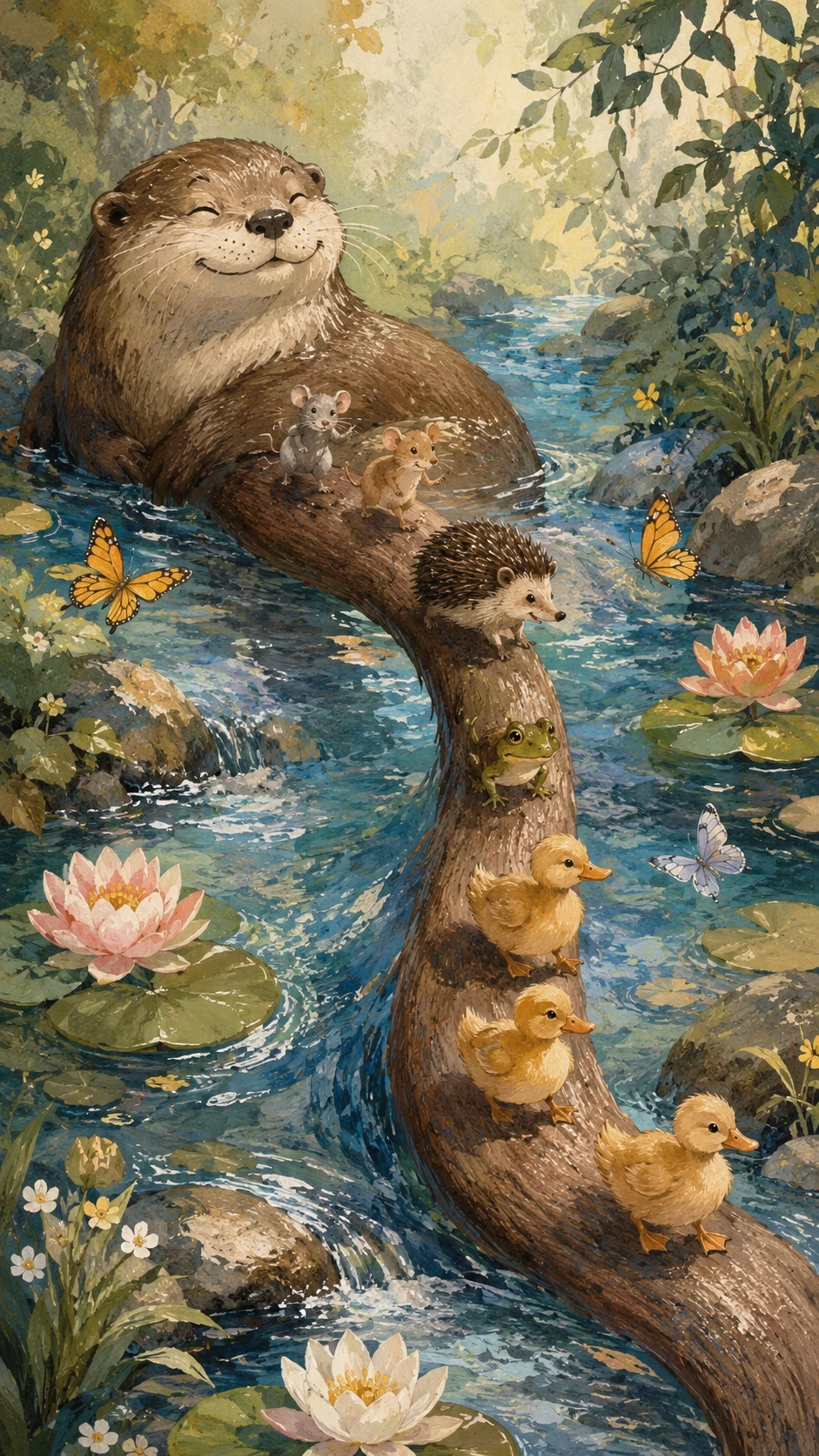 Lächelnder Flussotter bildet Brücke für winzige Tiere über das Wasser