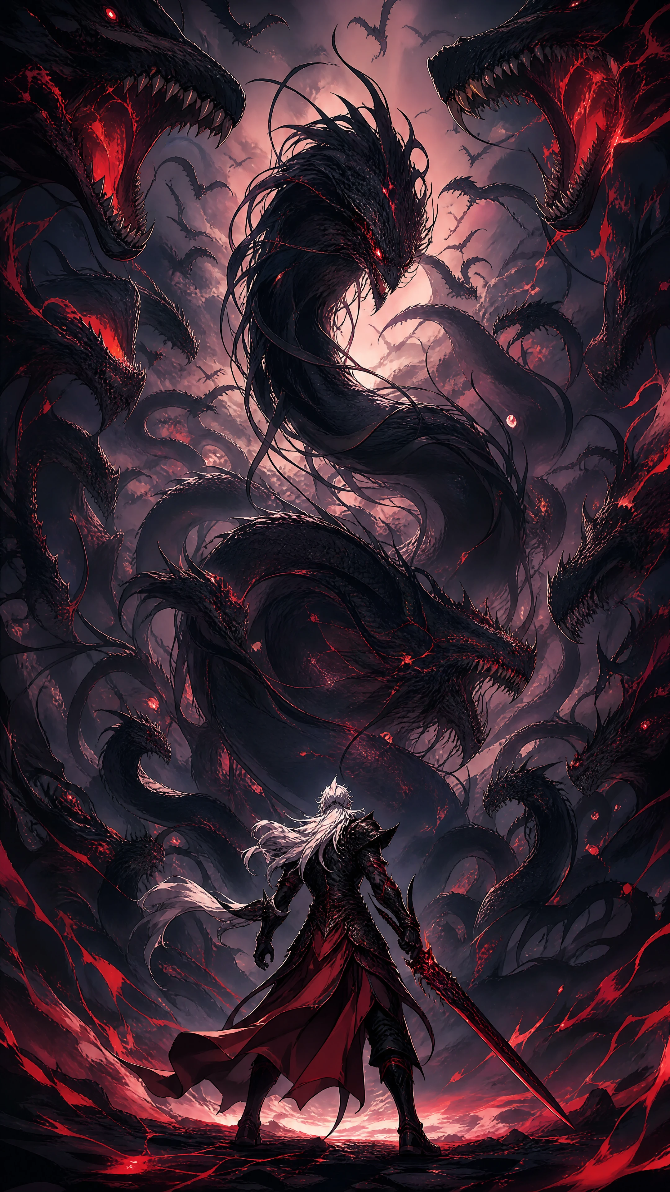 Guerreiro de cabelos brancos enfrenta dragão colossal e eldritch