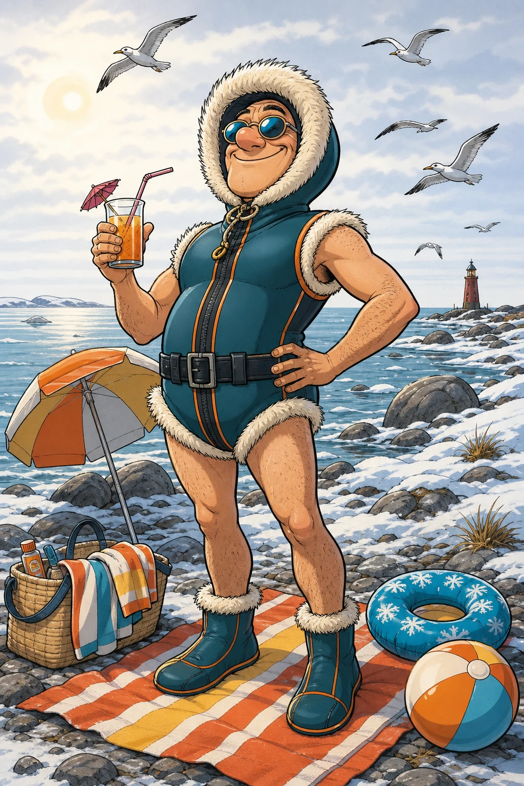 Mulher em desenho animado tomando sol na praia em ilustração em quadrinhos