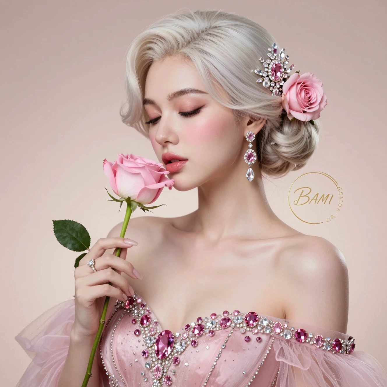 優雅女子佩戴水晶珠寶與粉紅玫瑰的人像