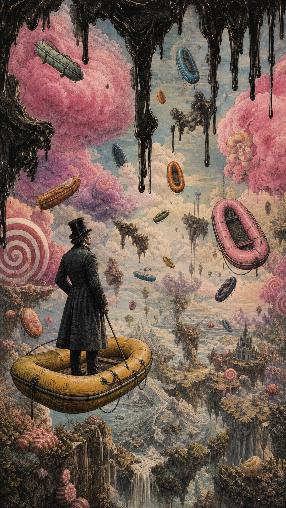 Femme victorienne sur un canot gonflable flottant dans un ciel de bonbons surréaliste