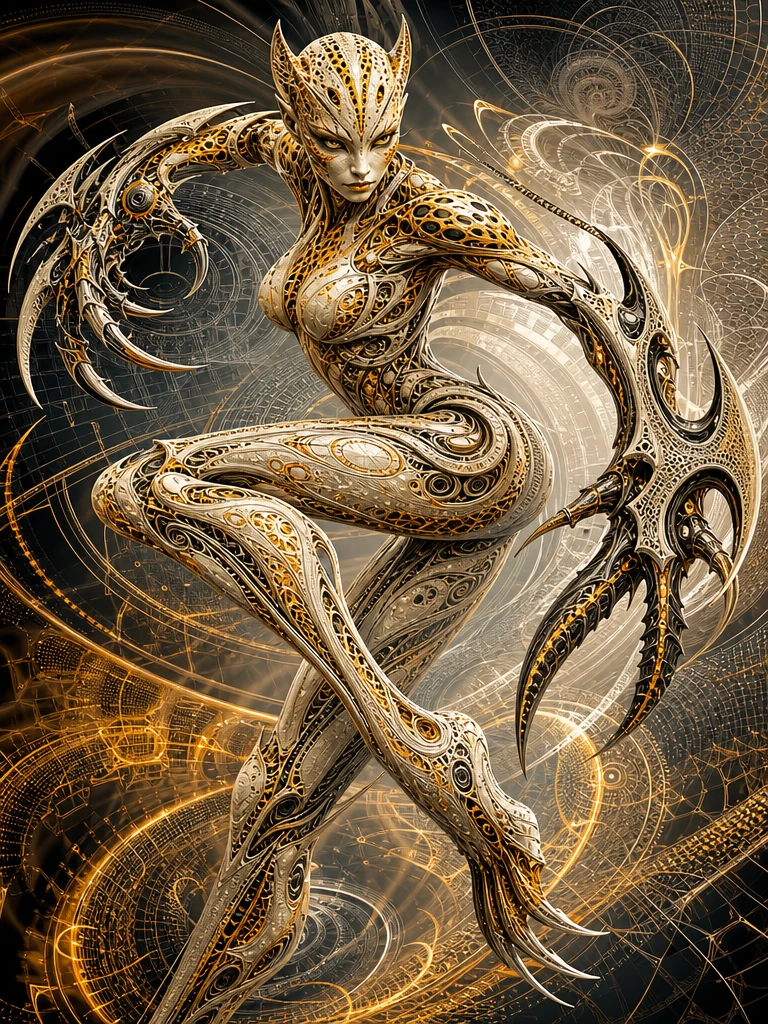 Techno organic female warrior leaping with blazing speed