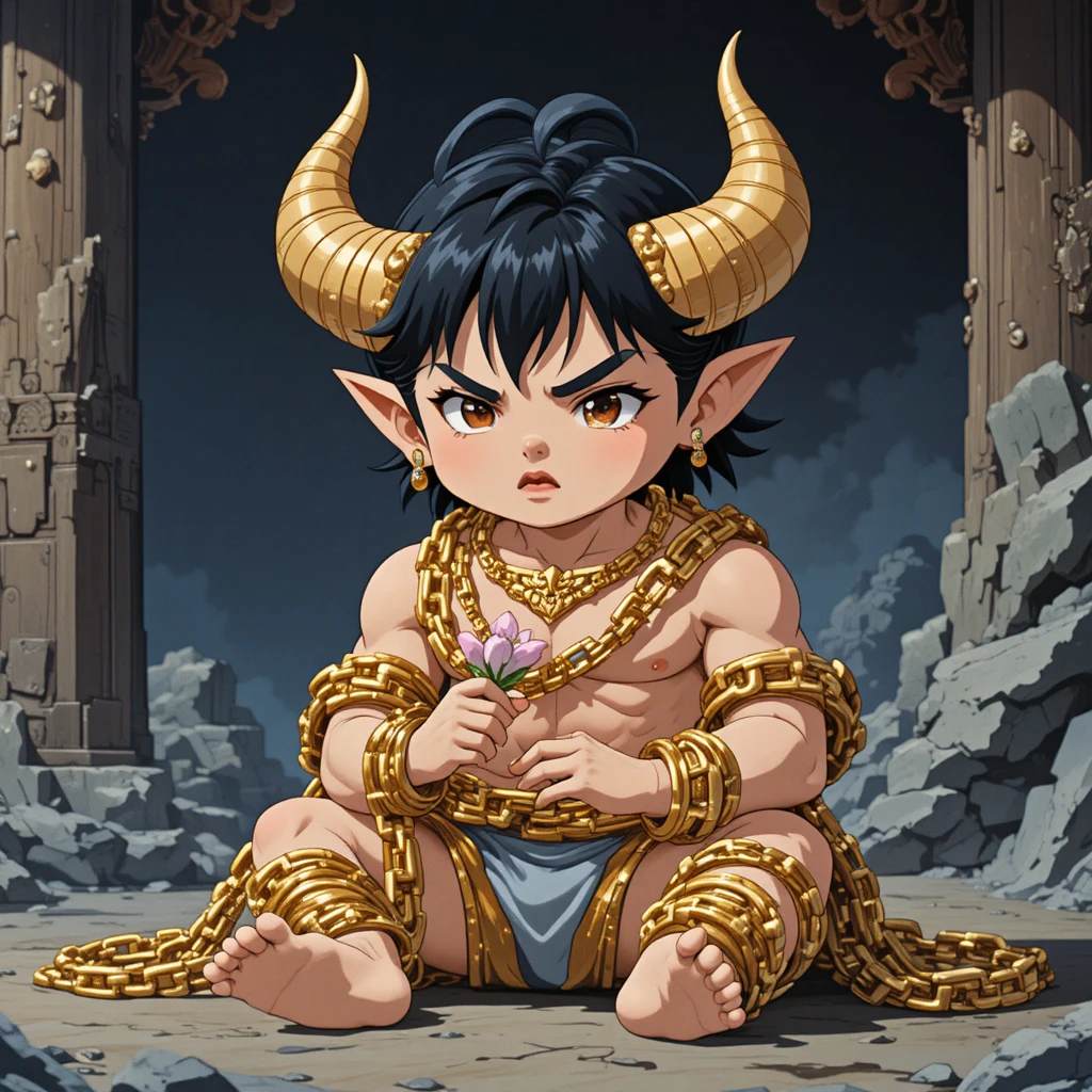 Dolce gigante demone chibi con enormi catene dorate