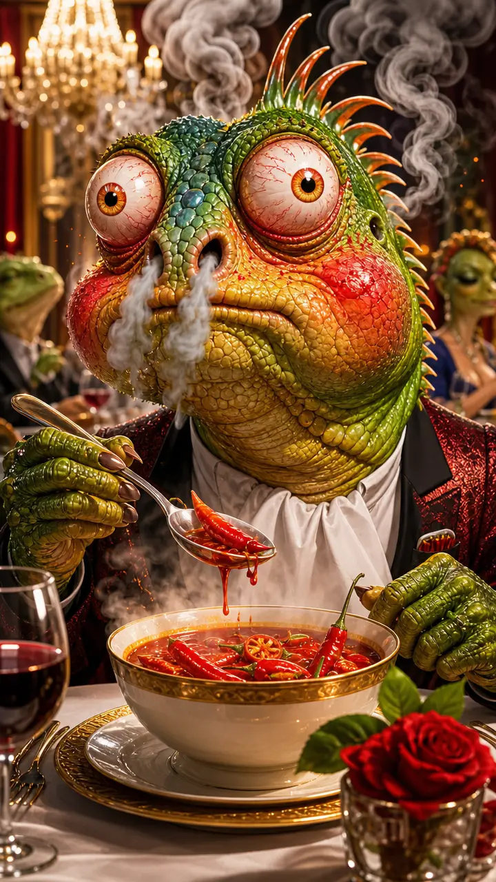 Cartoon iguana struggling with spicy soup in a fancy restaurant