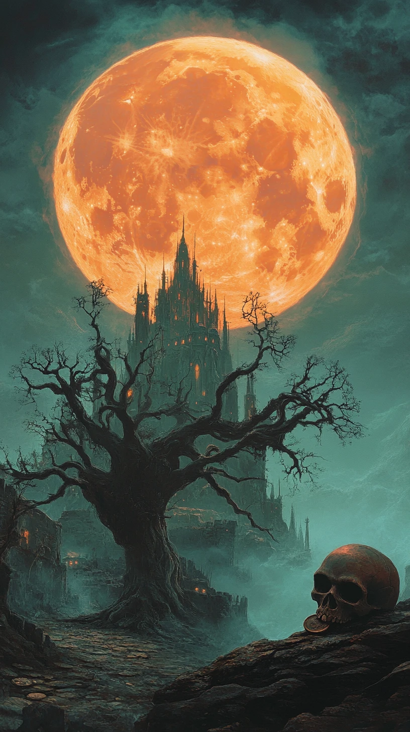 Castelo gótico sob uma lua cheia fulgurante em floresta enevoada