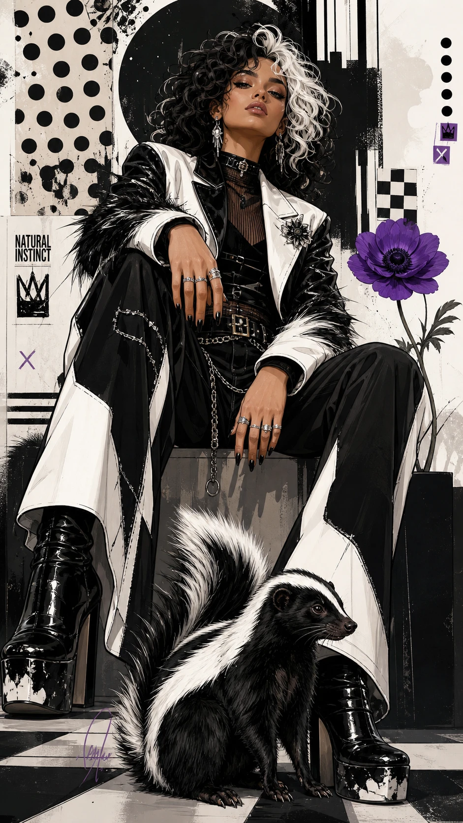 Jovem estilosa em ilustração de moda inspirada em gambá