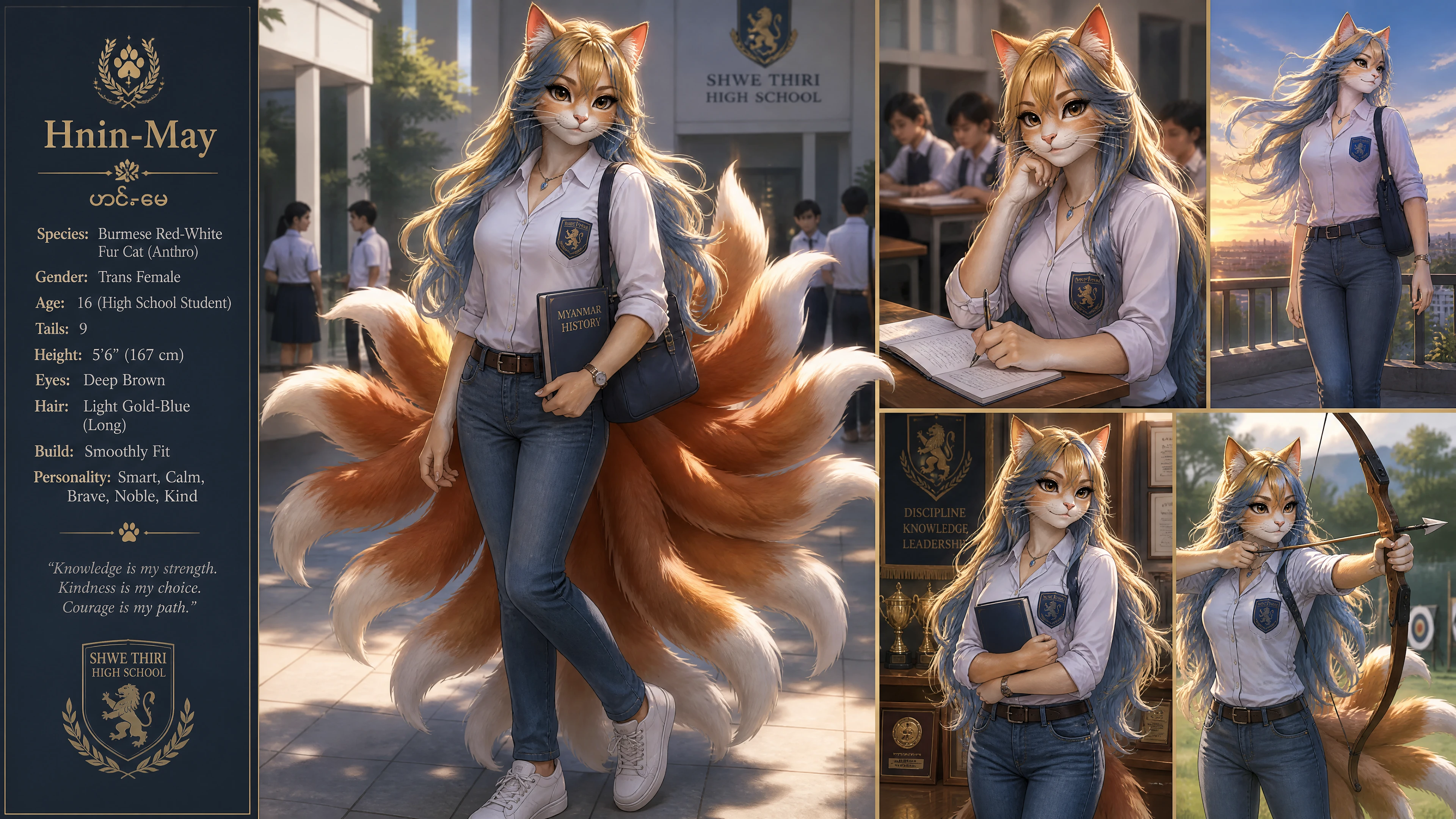 Anthro nine tailed Burmese cat girl in casual clothes