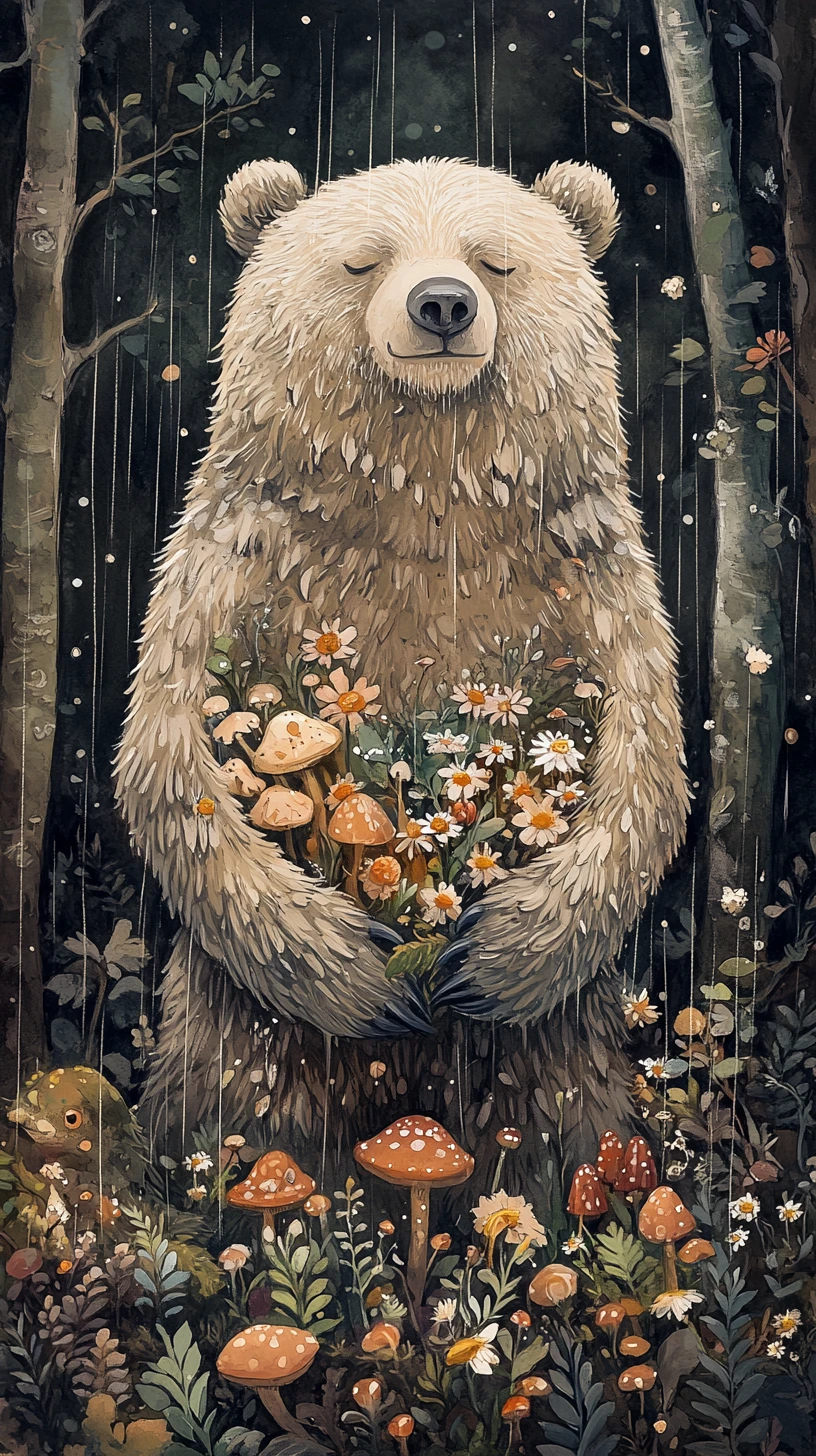 Orso gentile che ripara i piccoli animali del bosco dalla pioggia di primavera
