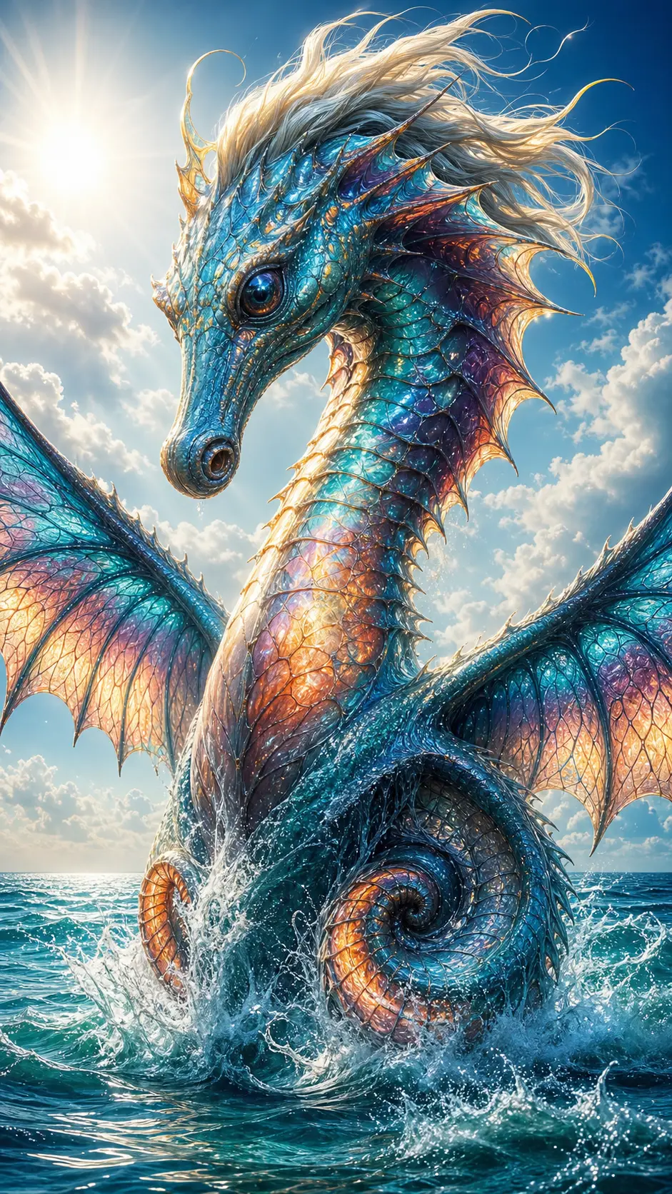 Serpente marino alato che emerge da un oceano blu brillante