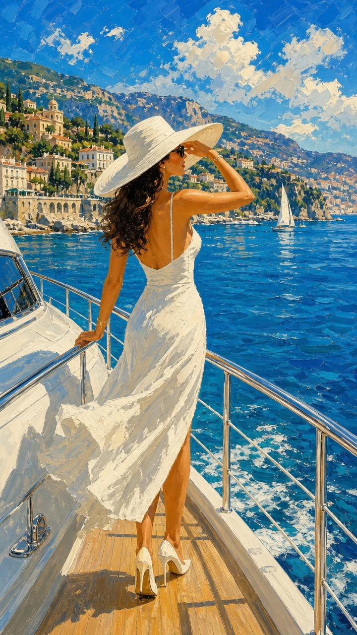 Donna elegante sullo yacht con vista sulla Costa Azzurra