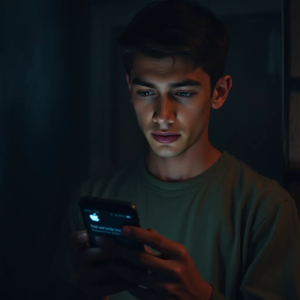 Jeune homme lisant un message téléphonique inquiétant à minuit