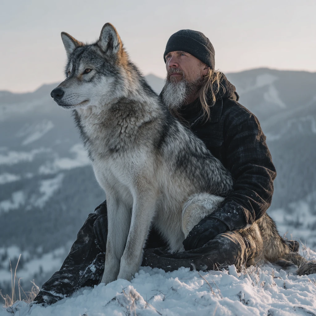 Mann sitzt mit einem Wolf auf einem verschneiten Bergrücken