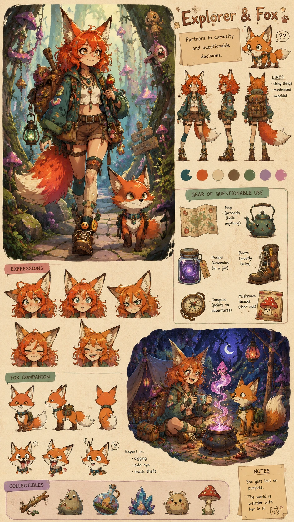Ausgefallenes Entdeckermädchen und Fuchs in einem verspielten Fantasy-Wald