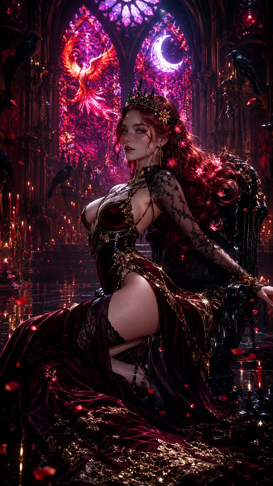 Rainha gótica reclinada em um trono de obsidiana na catedral