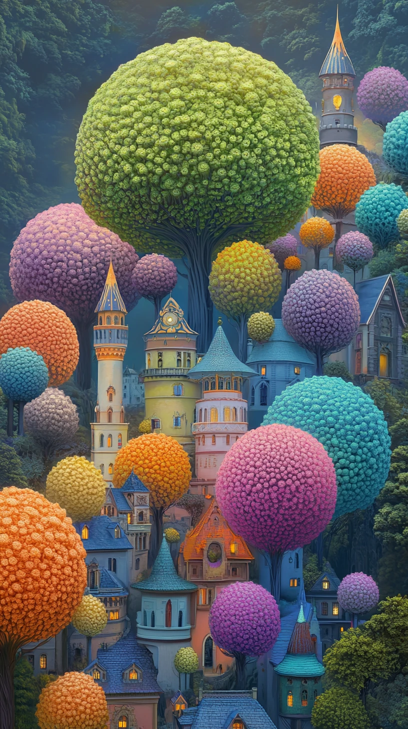 Paisagem de fantasia lúdica com árvores brilhantes e castelo