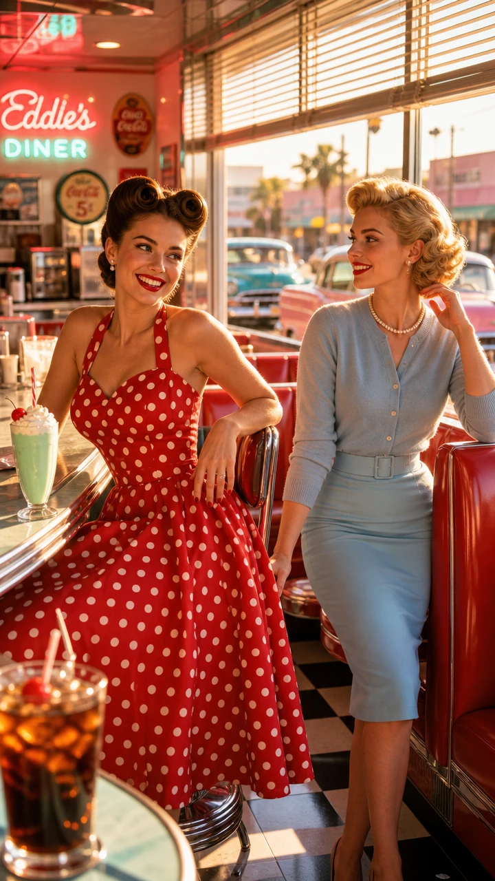 Mulheres glamorosas dos anos 1950 posando em uma lanchonete clássica de cromo