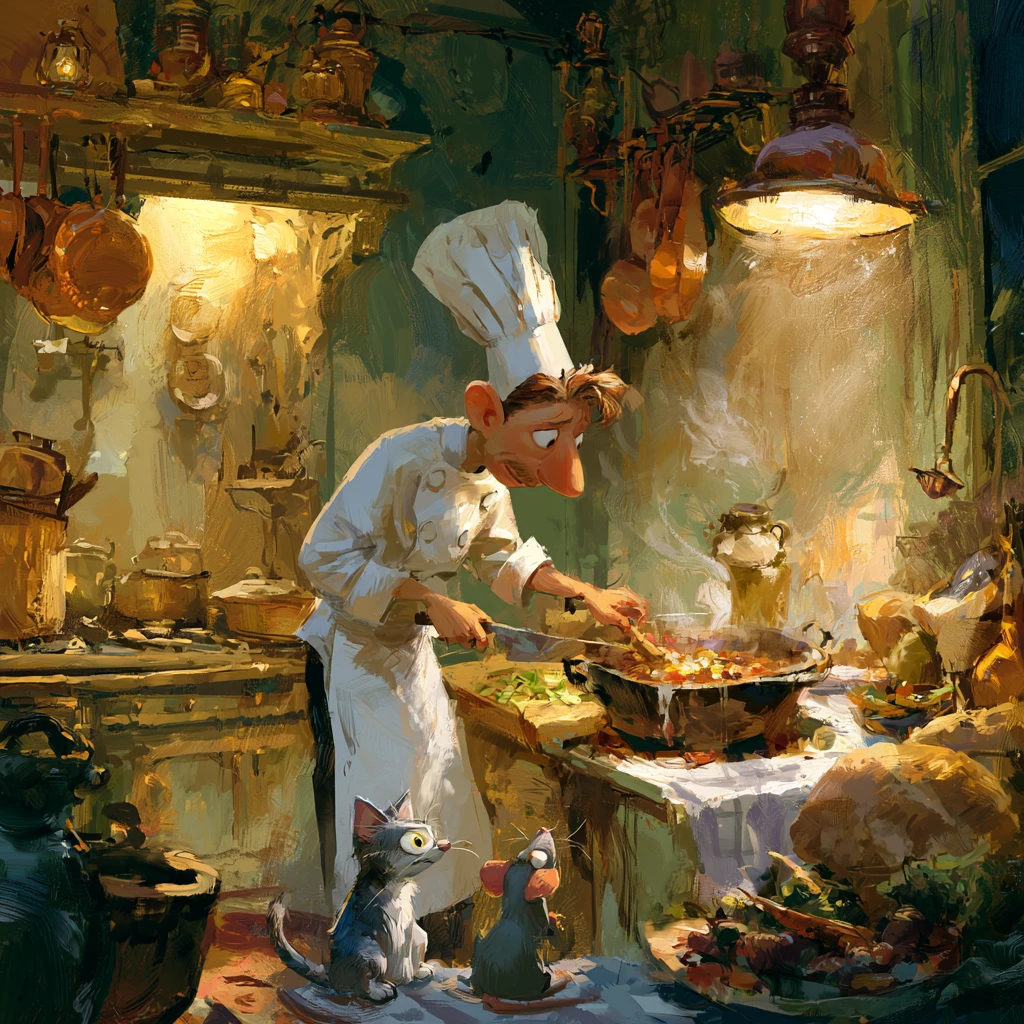 Gato chef lúdico e rato em uma cozinha vintage