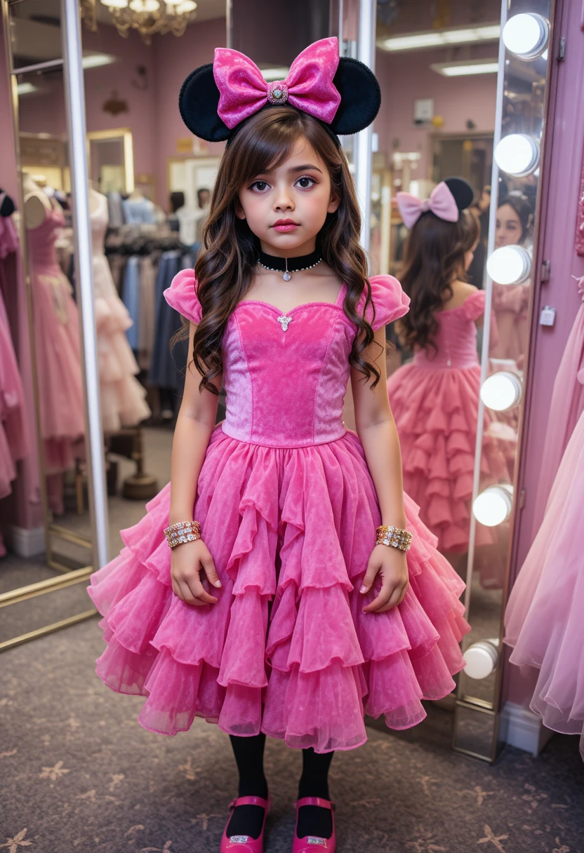 Nervous boy posing in a pink velvet princess dress