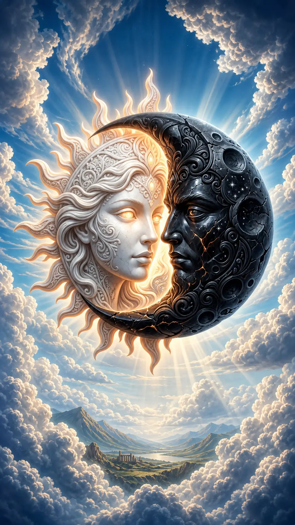 Sole di marmo e luna d’ossidiana fusi in un cielo surreale
