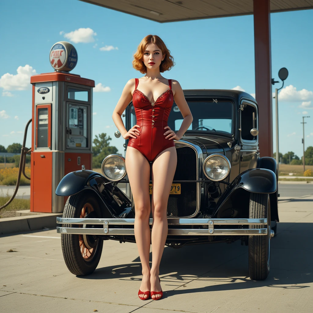 Pin-up vintage posando em posto de gasolina ao lado de carro clássico