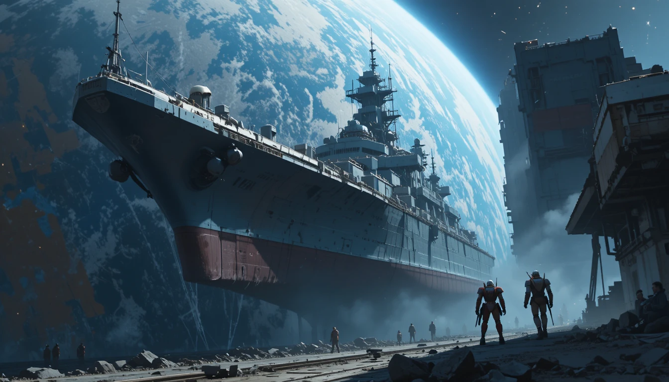 Beschädigtes Weltraum-Schlachtschiff kehrt zu einem futuristischen Raumhafen zurück