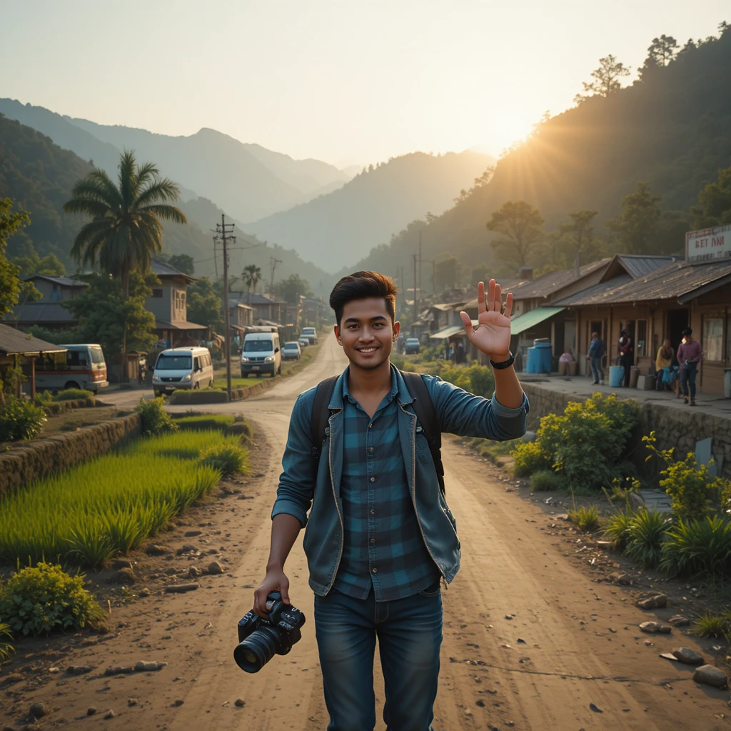Giovane nepalese che fa vlog mentre cammina su una strada verde di campagna