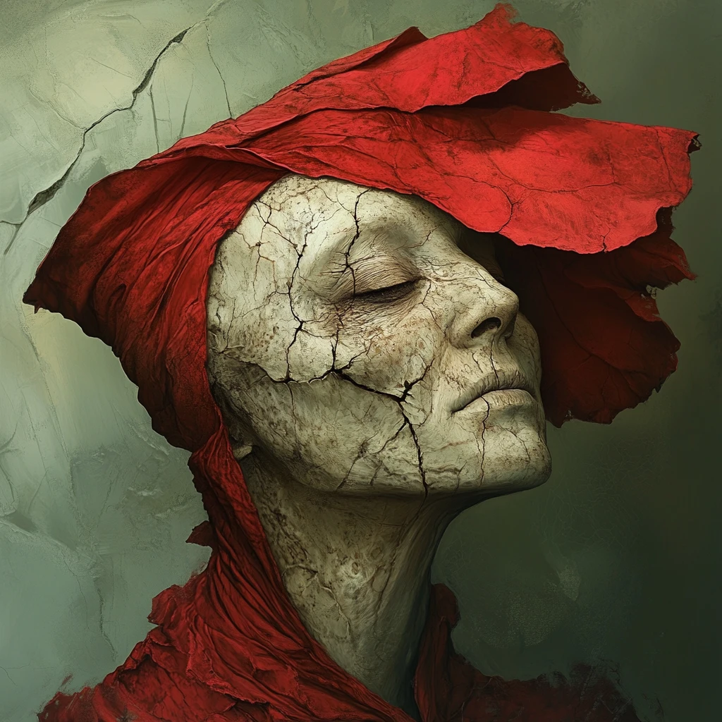 Golem melancólico com gorro de inverno vermelho e sorriso suave