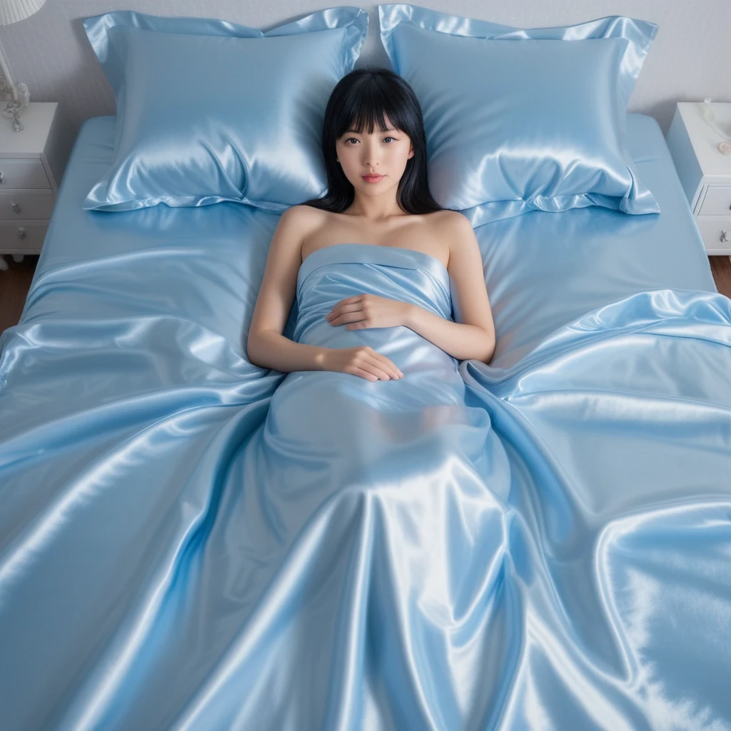 Japanese woman lying on glossy baby blue satin sheets