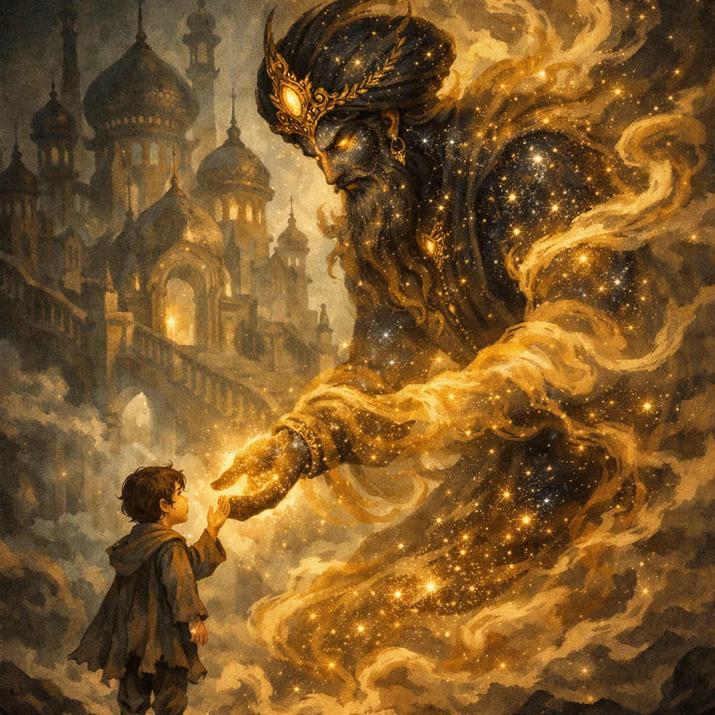Re Djinn di polvere di stelle che accoglie un giovane viaggiatore dei sogni