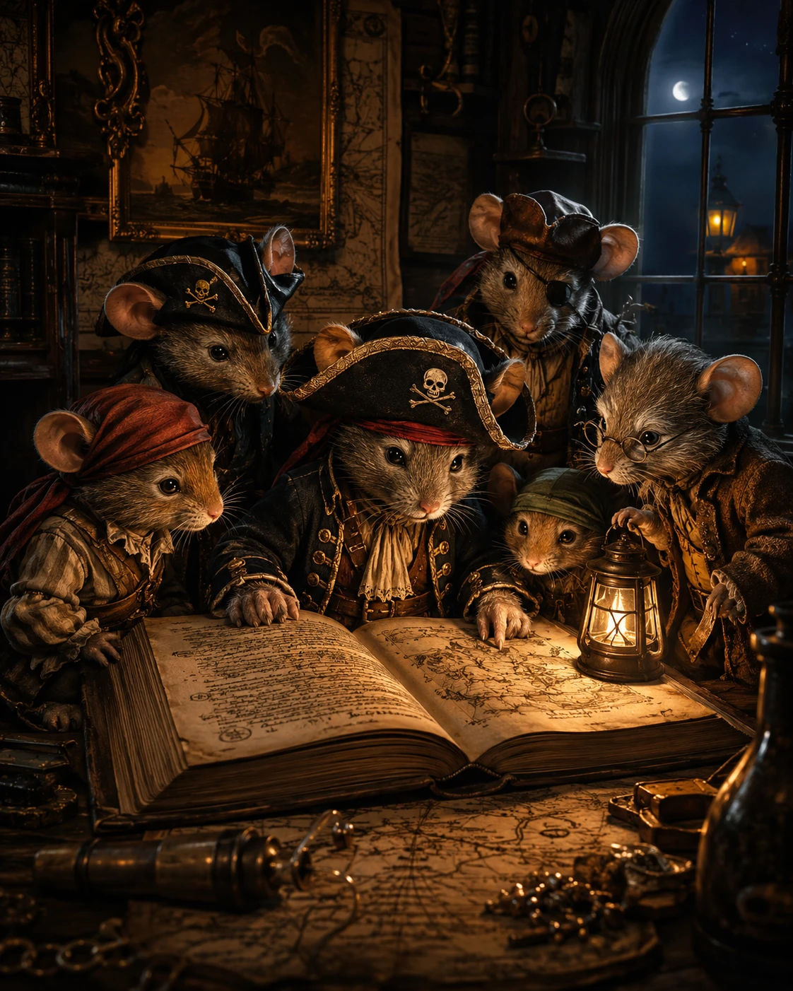 Ratos piratas lendo um livro antigo em um estúdio gótico