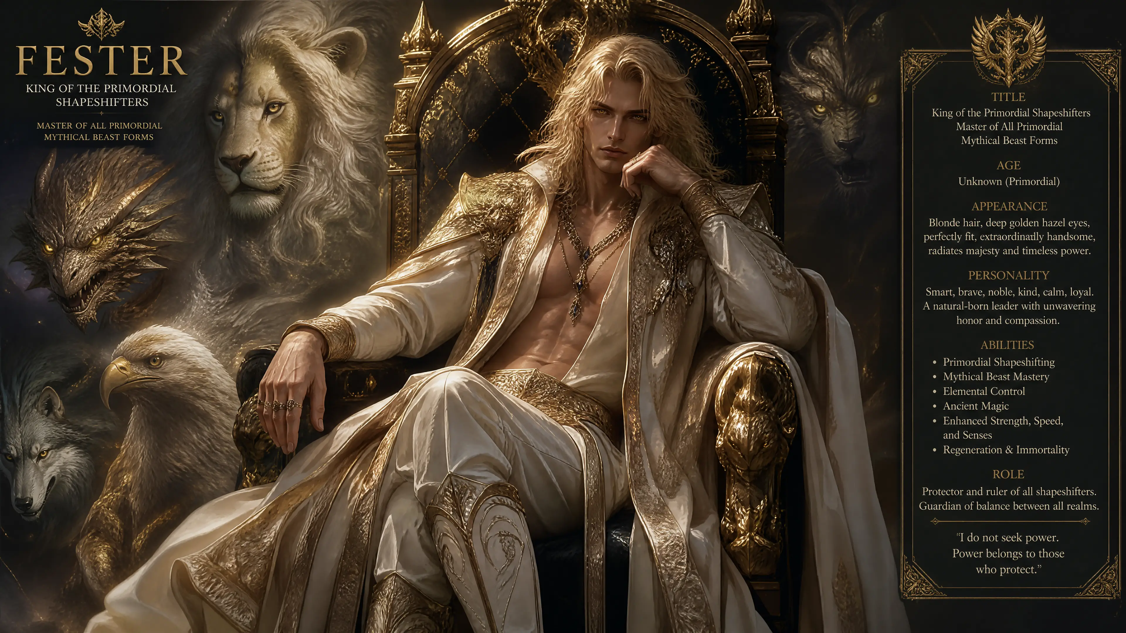 Noble shapeshifter king with golden hair in regal attire