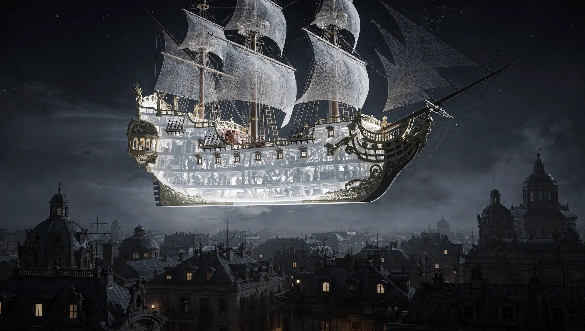 Ghostly crystal airship drifting above a baroque city