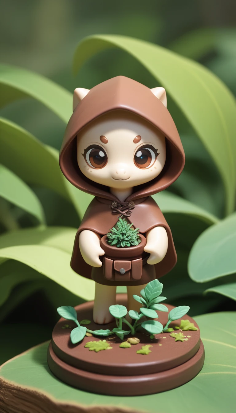Figurine d’aventurier en feutre devant un portail de jungle lumineux
