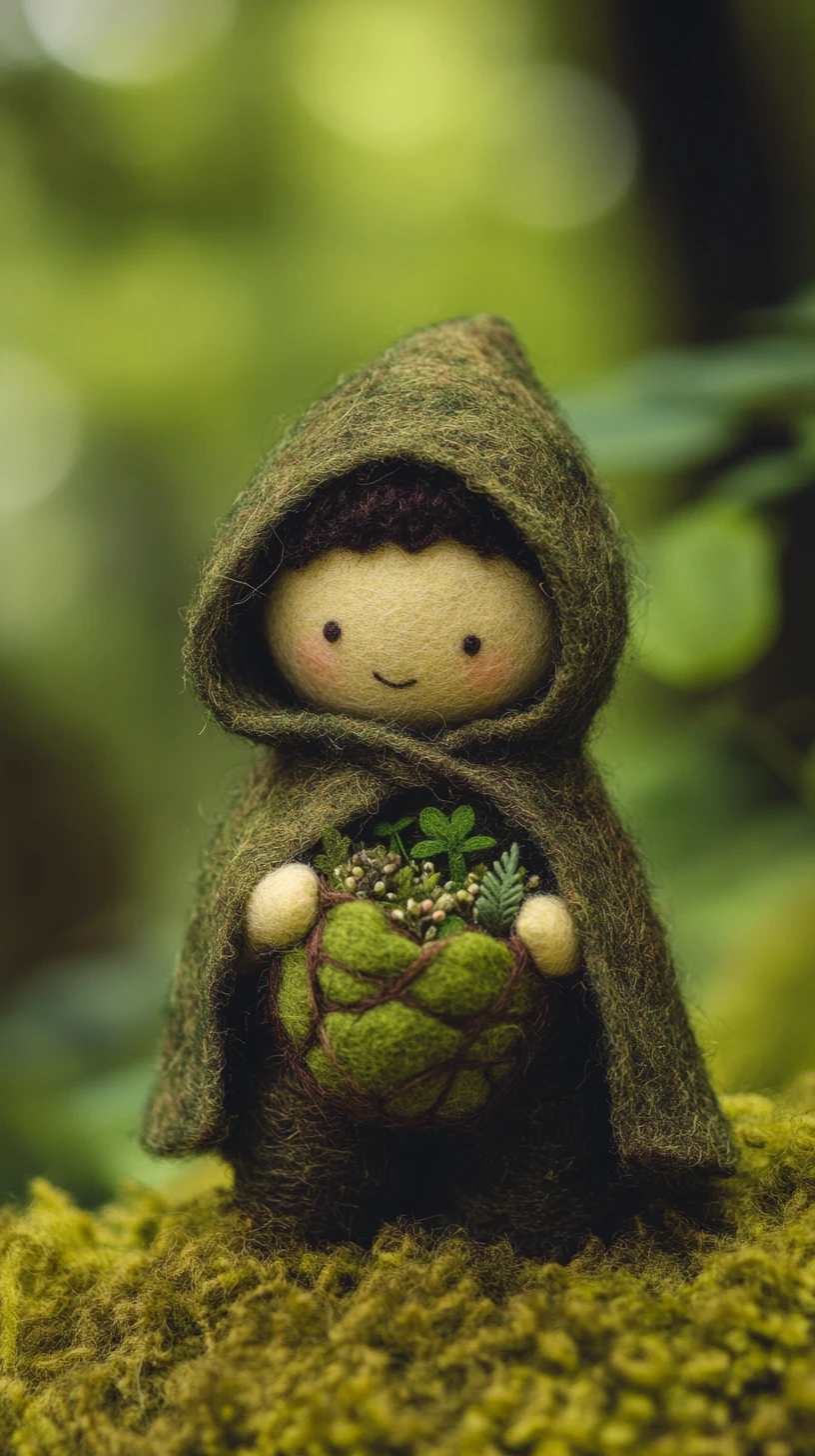 Brinquedo de feltro artesanal com capa verde musgo na floresta