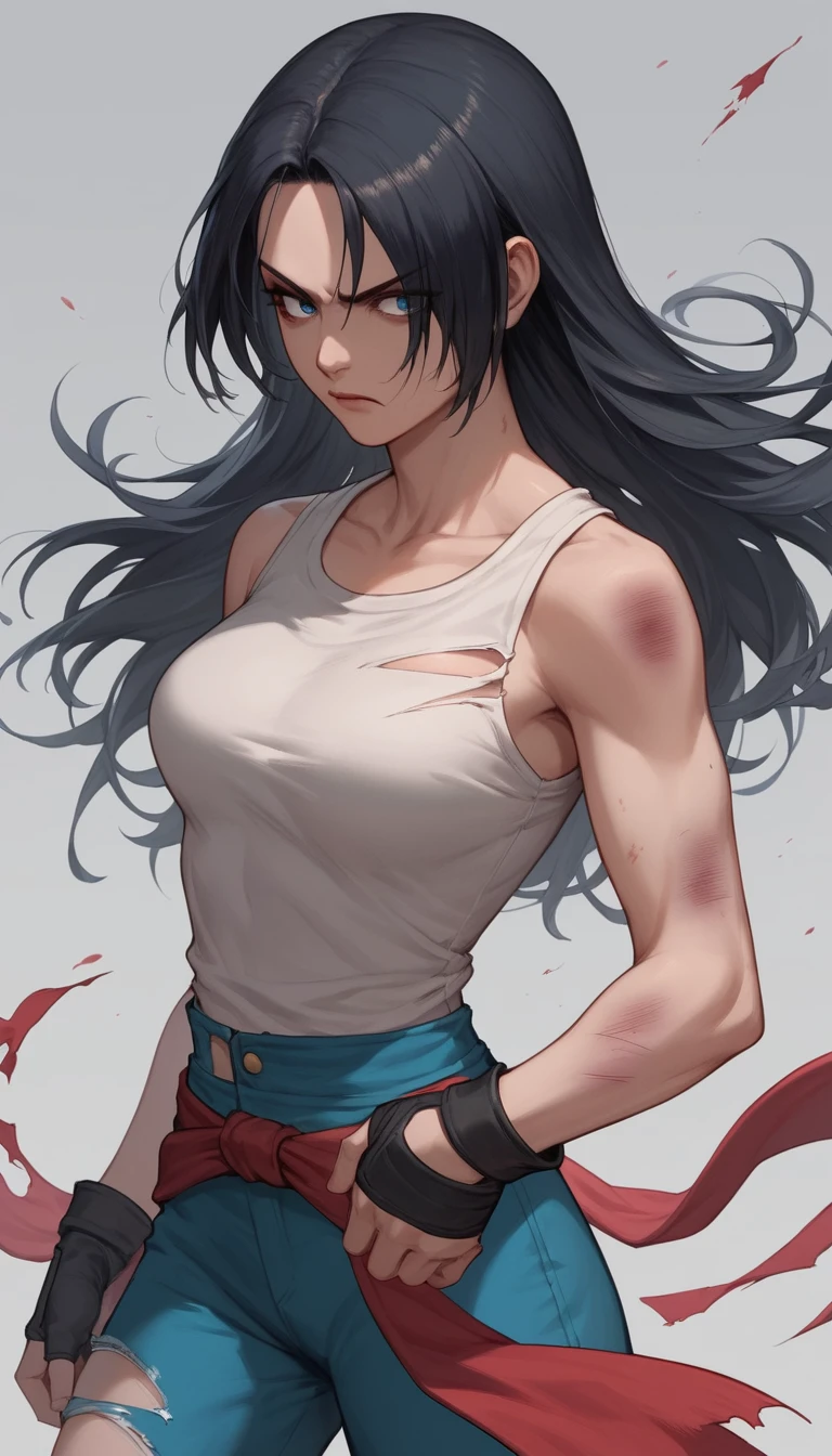 Bruised anime woman with fierce determined expression