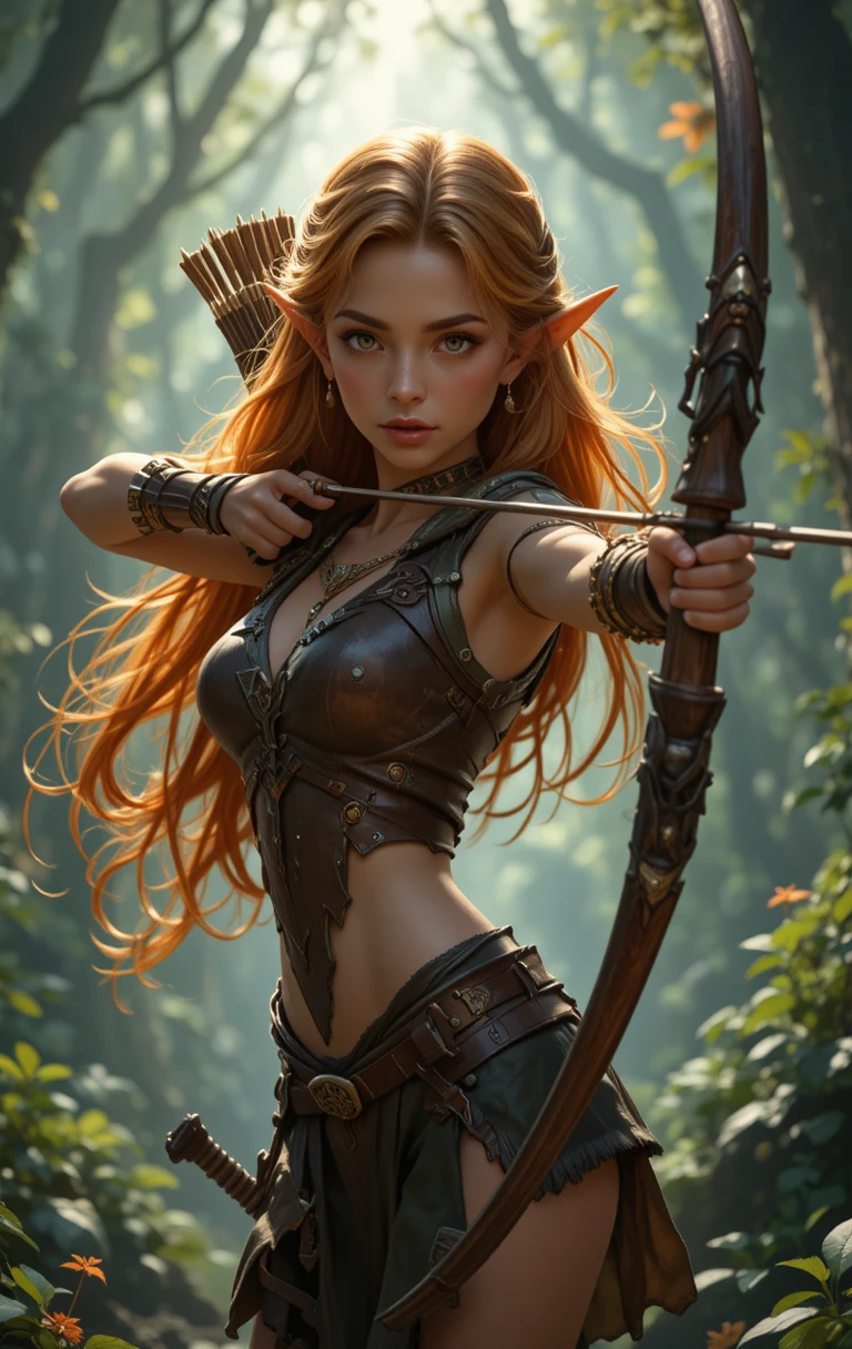 Intensive weibliche Elfenbogenschützin im Fantasy-Wald