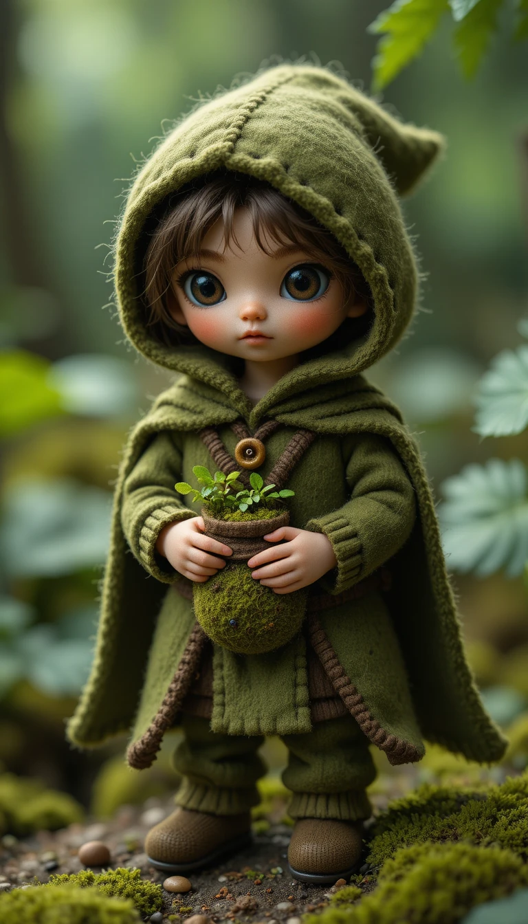 Handmade felt forest toy in a mossy green cloak