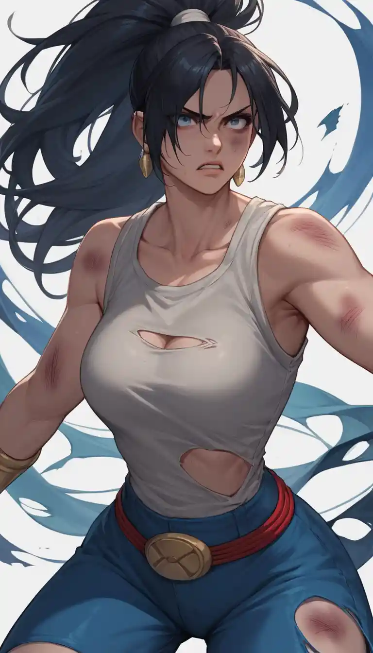 Mujer de anime decidida, golpeada pero inquebrantable con atuendo azul