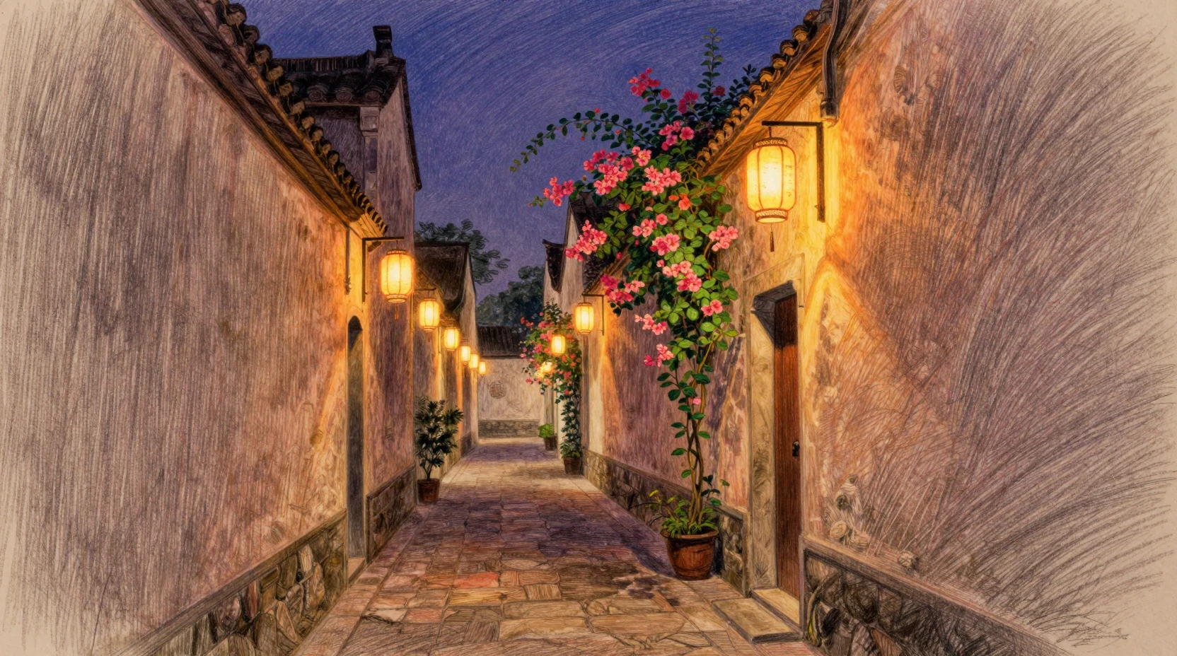 Beco silencioso iluminado por lanternas sob um céu noturno roxo e azul