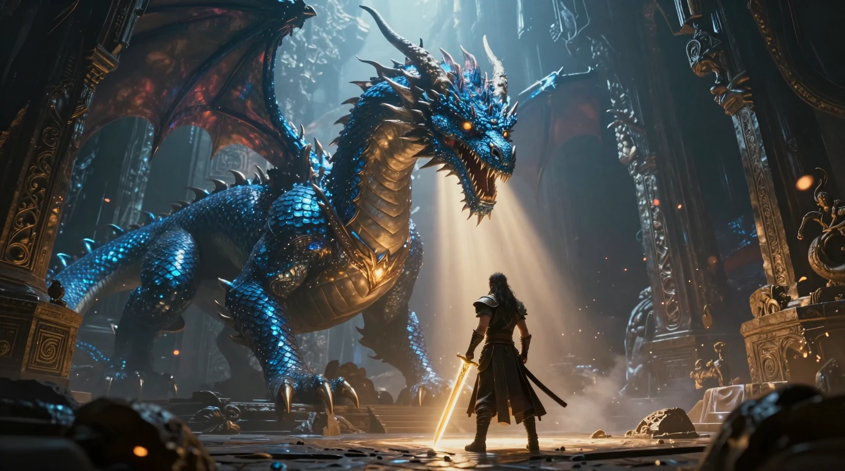 Guerreiro heroico enfrentando um antigo dragão azul em caverna mística