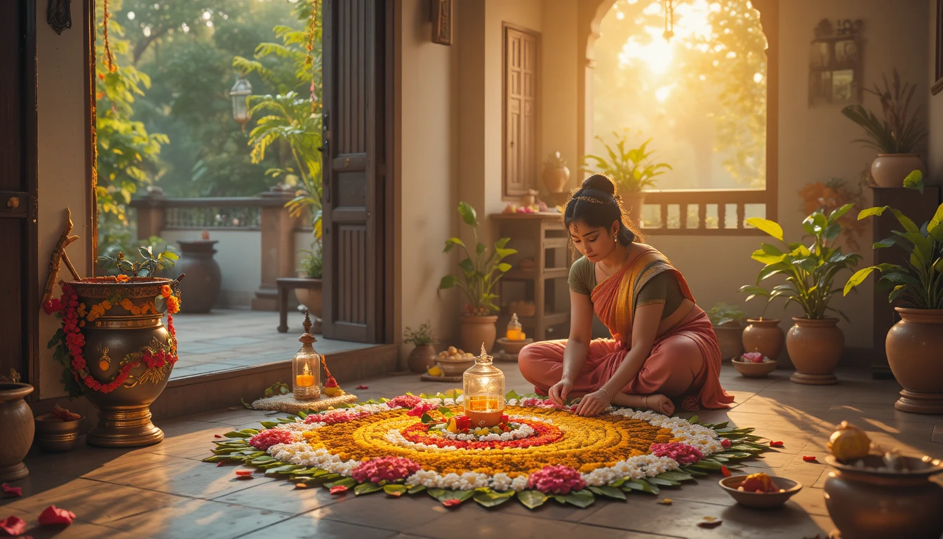 Mulher hindu criando rangoli ao amanhecer em casa tradicional