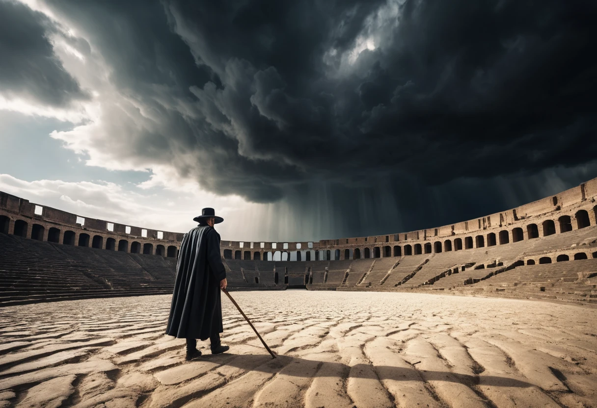 Hombre solitario en un vasto anfiteatro romano bajo nubes de tormenta
