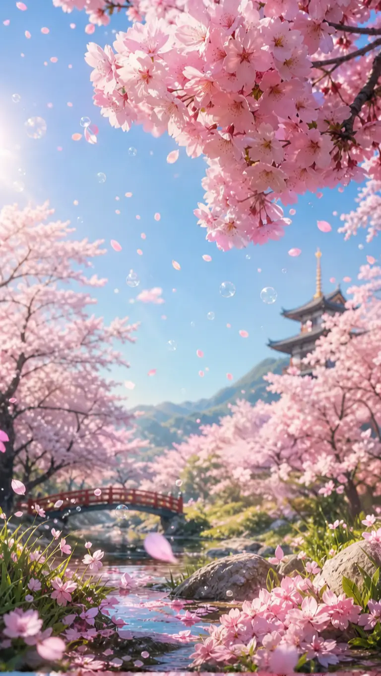 Fleurs de cerisier sous un ciel bleu clair et des montagnes lointaines