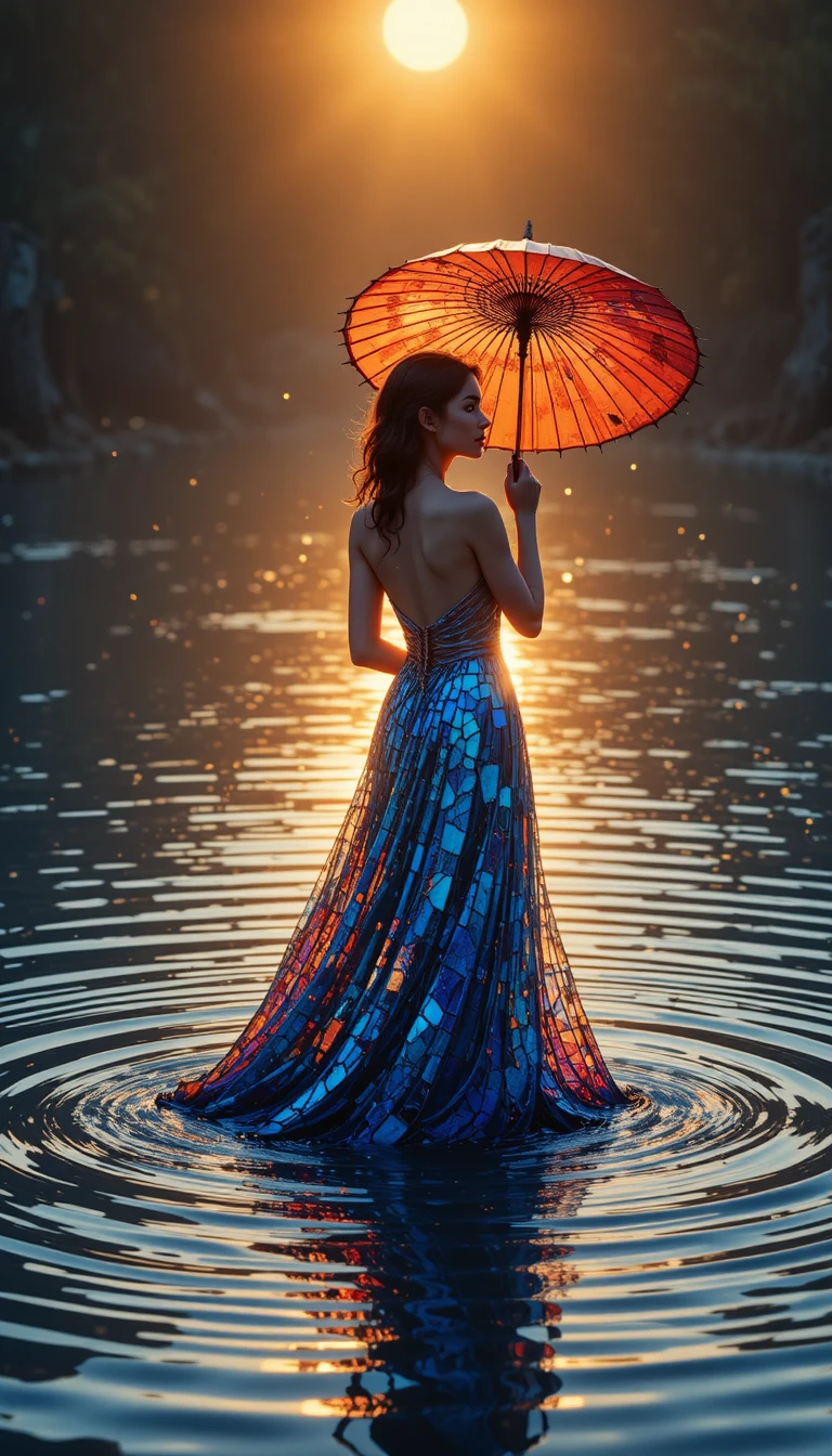 Elegant woman in stained glass dress standing in rippling water