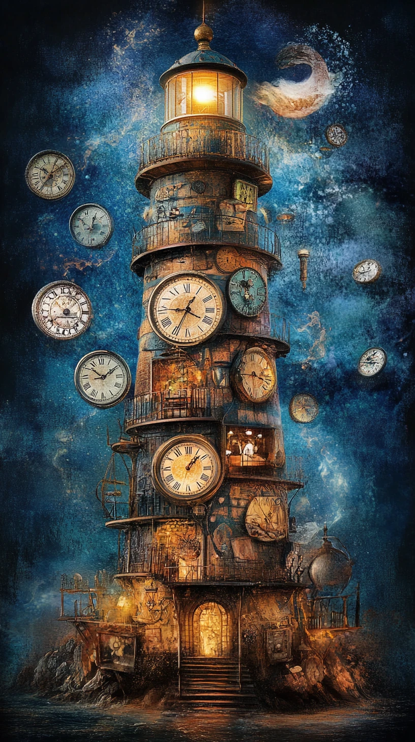 Surreal lighthouse of clocks casting a beam of memories